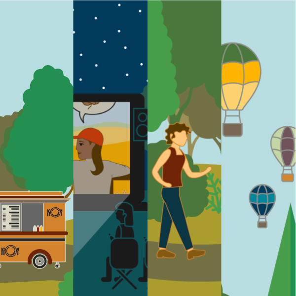 4 scence spliced together showing hot air balloons, hiker, outdoor movies, and food carts
